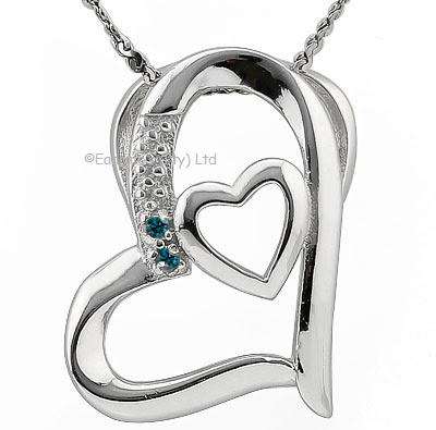 SILVER DOUBLE HEART PENDANT + CHAIN ** 2 BLUE DIAMONDS - 925 SILVER - 0.10 CTS - RARE BLUE DIAMOND