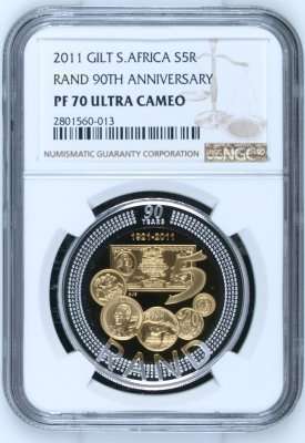 NEW LABEL - 2011 SARB 90TH ANNIVERSARY - PF70UC - SILVER R5 CROWN - 24CT GOLD PLATED-HIGHEST KNOWN
