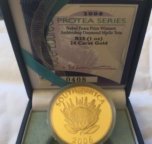 sale - 2006 GOLD 1oz pure 24kt PROOF PROTEA - BISHOP TUTU" in MINT BOX & CERTIFICATE -mintage 4013