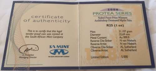 sale - 2006 GOLD 1oz pure 24kt PROOF PROTEA - BISHOP TUTU" in MINT BOX & CERTIFICATE -mintage 4013