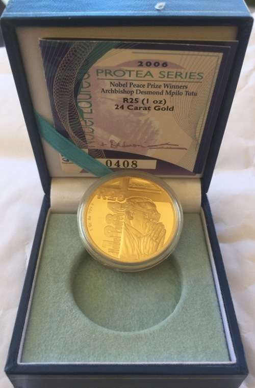 sale - 2006 GOLD 1oz pure 24kt PROOF PROTEA - BISHOP TUTU" in MINT BOX & CERTIFICATE -mintage 4013