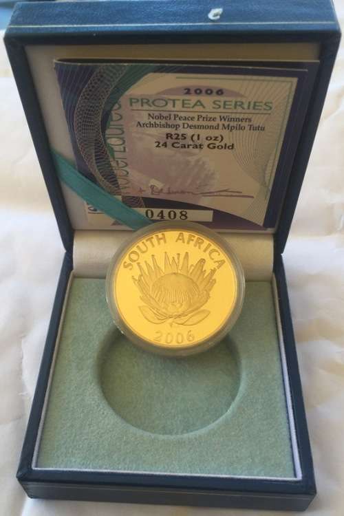 sale - 2006 GOLD 1oz pure 24kt PROOF PROTEA - BISHOP TUTU" in MINT BOX & CERTIFICATE -mintage 4013