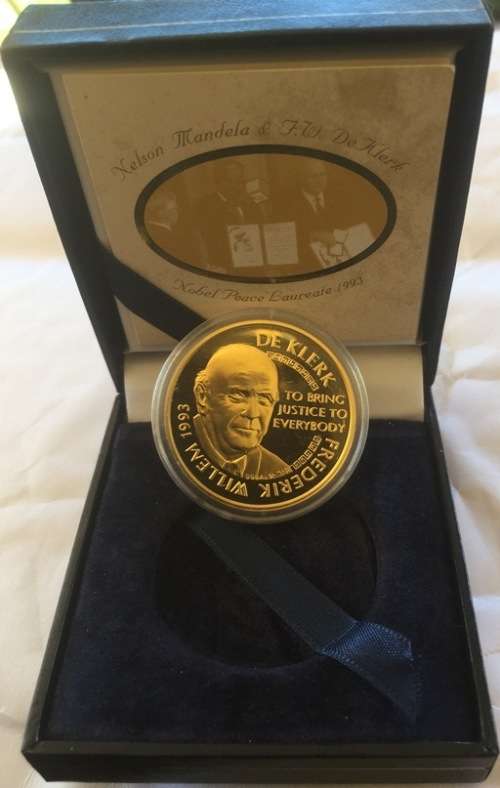 2008 MANDELA & DE KLERK 1oz PURE GOLD (999.9) 24kt NOBEL PEACE LAURIETTE MINT of NORWAY IN BOX & COA
