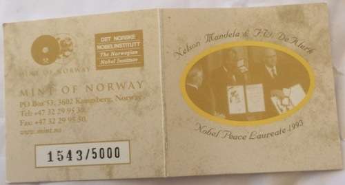 2008 MANDELA & DE KLERK 1oz PURE GOLD (999.9) 24kt NOBEL PEACE LAURIETTE MINT of NORWAY IN BOX & COA