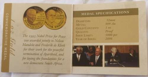 2008 MANDELA & DE KLERK 1oz PURE GOLD (999.9) 24kt NOBEL PEACE LAURIETTE MINT of NORWAY IN BOX & COA