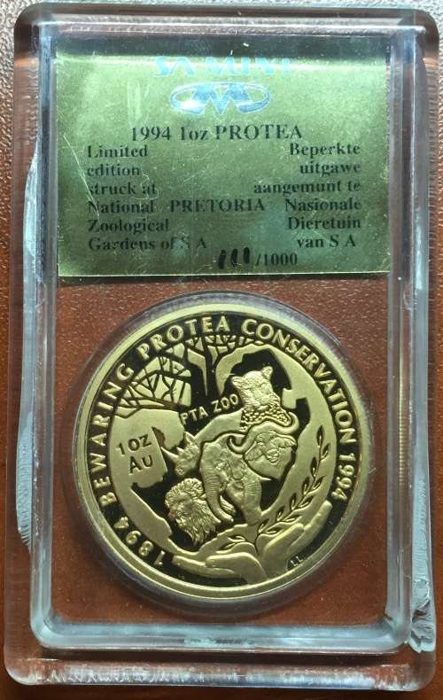 RARE MINTMARK *PTA ZOO* 1994 PROTEA 1oz GOLD 24kt *CONSERVATION* SAGCE SLABBED & CERTIFIED 111 POINT