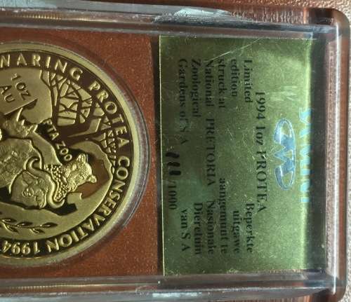 RARE MINTMARK *PTA ZOO* 1994 PROTEA 1oz GOLD 24kt *CONSERVATION* SAGCE SLABBED & CERTIFIED 111 POINT