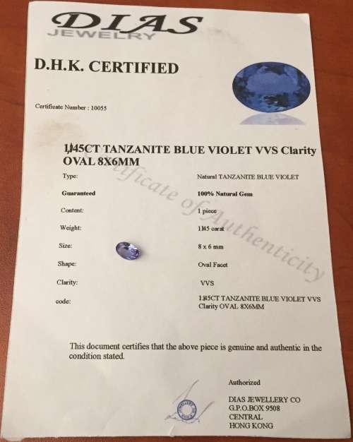 CERTIFIED 1.145cts TANZANITE - OVAL CUT EXCELLENT TOP COLOR AAA+ STONE - CAO DIAS