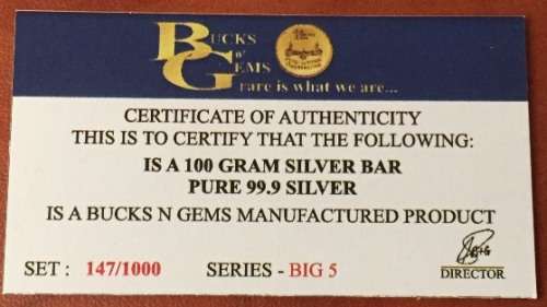 SALE"BIG 5 "100 GRAM SILVER BAR "PRINTED" ONLY 1000 MINTED COLLECTORS SERIES- BOX & CERTIFICATE