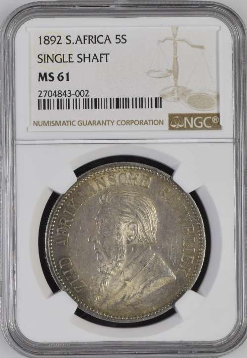 sale -1892 ZAR 5 SHILLING - SINGLE SHAFT - MS61 - NGC GRADED RARETY -VALUE R35,000 IN UNC
