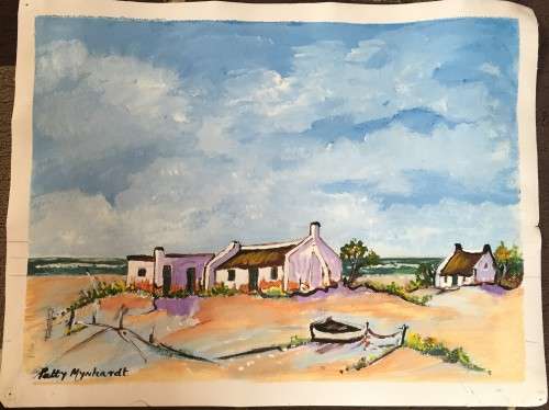 PATTY MAINHARDT - OIL PAINTING ON CANVAS - THE FISHING VILLAGE - 430 X 320mm +ROLLUP TUBE TO STORE