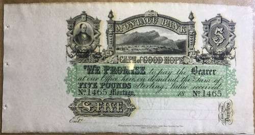 Cape Colony: Montagu Bank (1861-1868) " 5 - FIVE POUNDS"  MOTAGU Banknote - LOW SERIAL NUMBER 1465