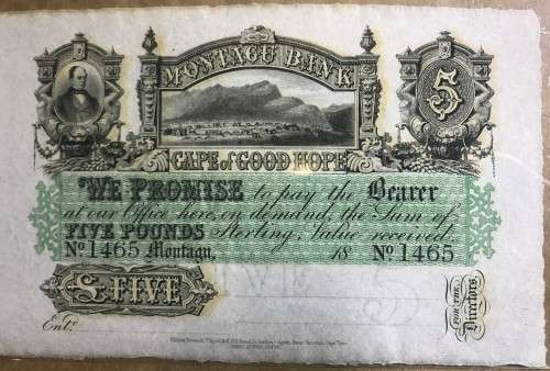 Cape Colony: Montagu Bank (1861-1868) " 5 - FIVE POUNDS"  MOTAGU Banknote - LOW SERIAL NUMBER 1465