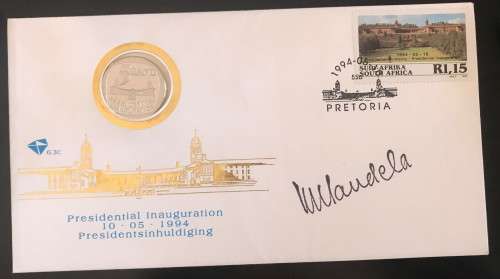 sale 1994 INAUGURATION R5 PROOF R5 COIN FDC - MANDELA AUTOPEN SIGNATURE -WITH FDC COVER - PROOF COIN