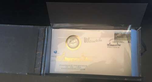 sale 1994 INAUGURATION R5 PROOF R5 COIN FDC - MANDELA AUTOPEN SIGNATURE -WITH FDC COVER - PROOF COIN