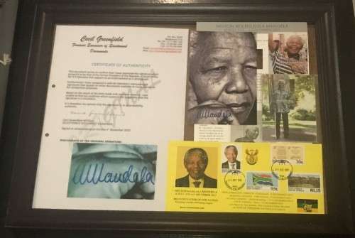 SIGNED - MANDELA PHOTOGRAPH SIGNED IN INK + CERTIFICATE BY CECIL GREENFIELDS INCLUDED + R5 COIN SET