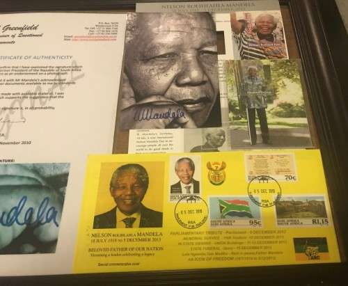 SIGNED - MANDELA PHOTOGRAPH SIGNED IN INK + CERTIFICATE BY CECIL GREENFIELDS INCLUDED + R5 COIN SET