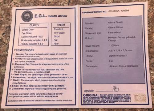 CERTIFIED 1.105 cts - MEDIUM ORANGE- NATURAL CITRINE -EMERALD CUT -GOOD CUT and SHINE COA