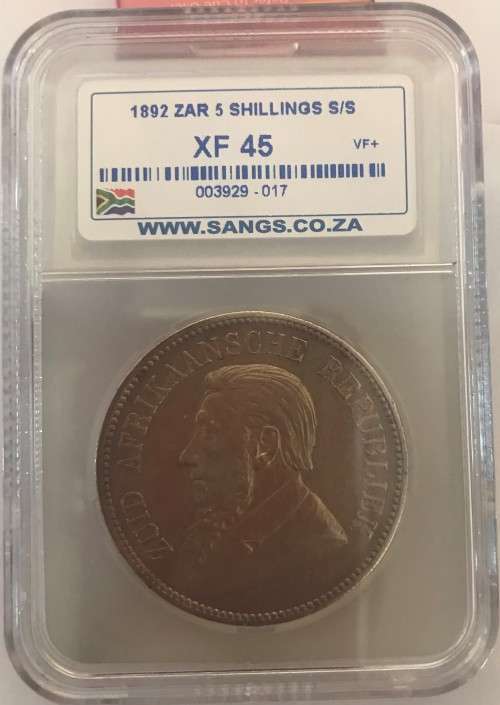 1892 ZAR 5 SHILLING SINGLE SHAFT** XF45 ** - SANGS GRADED - BOOK VALUE R70,000 in UNC -14,000 MINTED