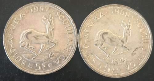 1957 & 1958 UNION 5 SHILLING - 28.35 grams each - 2 coins bid per coin