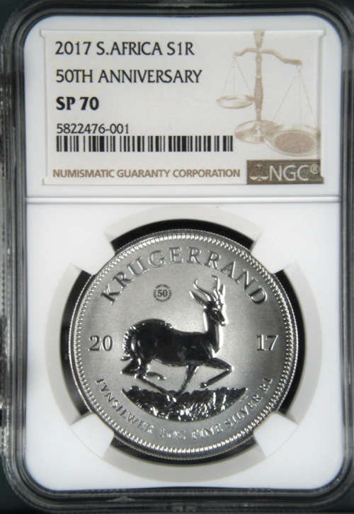 FINEST KNOWN 2017 SA KRUGERRAND SILVER 1oz FINE PURE 999 SILVER 50th ANNIVERSARY MINT MARK- SP70 NGC