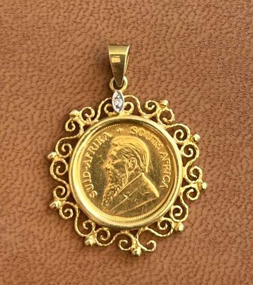 1990 KRUGER 1/10oz RARE COIN `GOLD PENDANT + DIAMOND ** 18KT PENDANT + 0.01CTS DIAMOND