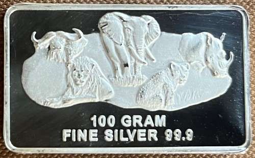 SALE`BIG 5 `100 GRAM SILVER BAR `PRINTED` ONLY 1000 MINTED COLLECTORS SERIES- BOX & CERTIFICATE