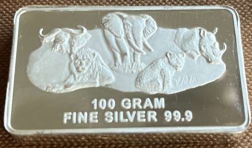 SALE`BIG 5 `100 GRAM SILVER BAR `PRINTED` ONLY 1000 MINTED COLLECTORS SERIES- BOX & CERTIFICATE