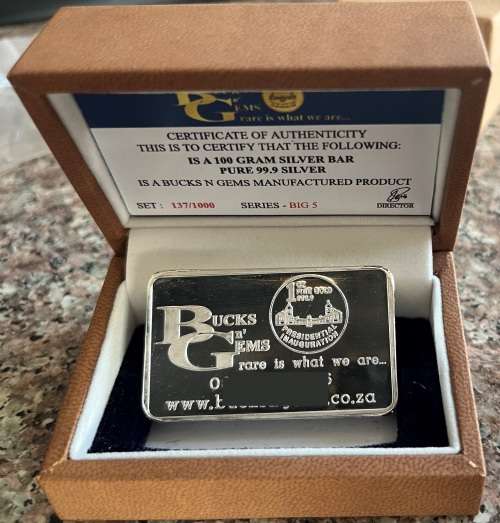 SALE`BIG 5 `100 GRAM SILVER BAR `PRINTED` ONLY 1000 MINTED COLLECTORS SERIES- BOX & CERTIFICATE