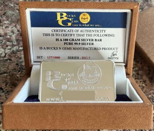 SALE`BIG 5 `100 GRAM SILVER BAR `PRINTED` ONLY 1000 MINTED COLLECTORS SERIES- BOX & CERTIFICATE