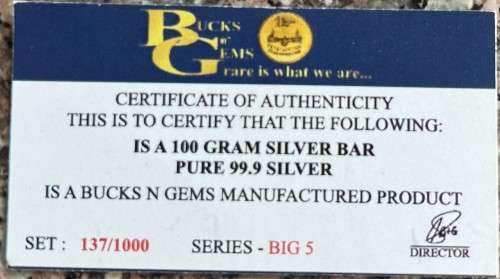 SALE`BIG 5 `100 GRAM SILVER BAR `PRINTED` ONLY 1000 MINTED COLLECTORS SERIES- BOX & CERTIFICATE