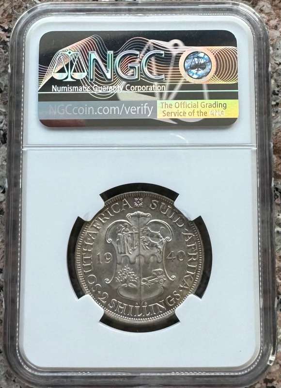 1940 UNION SA 2 SHILLING - MS62 - NGC HIGH GRADED - ONLY 1 IN MS65