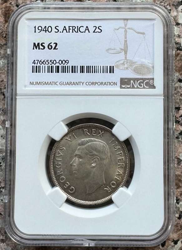 1940 UNION SA 2 SHILLING - MS62 - NGC HIGH GRADED - ONLY 1 IN MS65