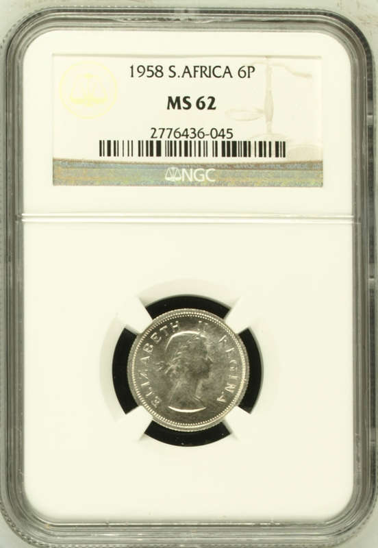 1958 UNION SA 6 PENCE - MS62 - NGC HIGH GRADE