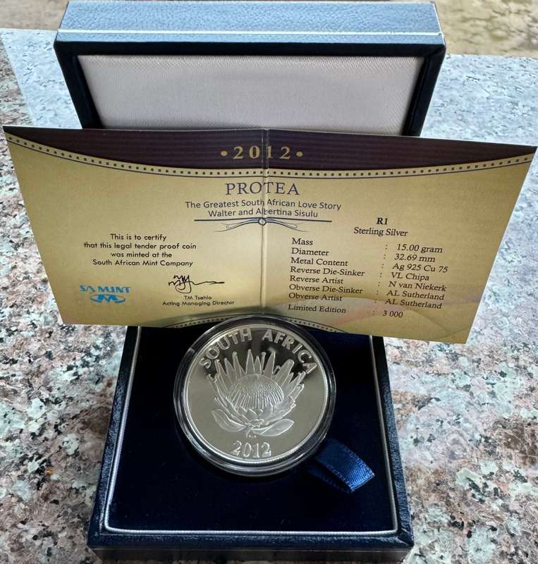 2012 SILVER RAND PROTEA - WALTER & ALBERTINA SISULU - PROOF mintage 1644