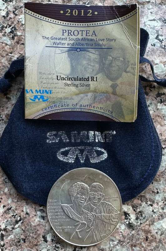 2012 SILVER RAND PROTEA - WALTER & ALBERTINA SISULU - UNC mintage low 208