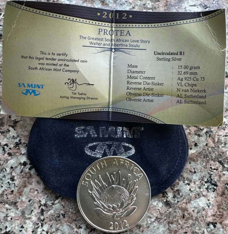 2012 SILVER RAND PROTEA - WALTER & ALBERTINA SISULU - UNC mintage low 208
