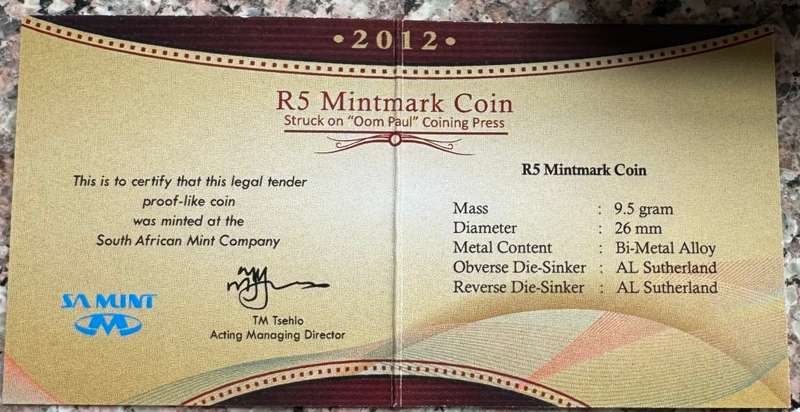 2012 RSA OOM PAUL R5 - IN SAMINT BOX AND CERTIFICATE