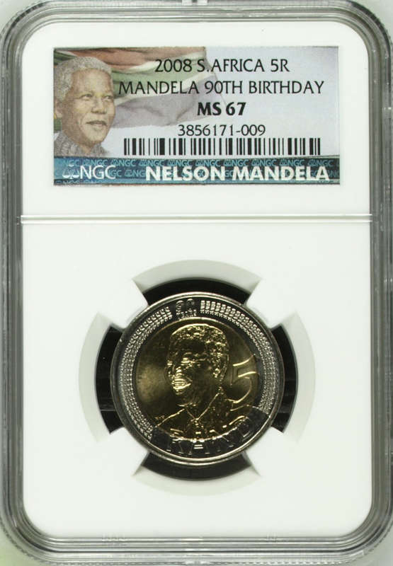 2008 MANDELA 90th BIRTHDAY R5 COIN - MS67 - NGC GRADE MANDELA LABEL