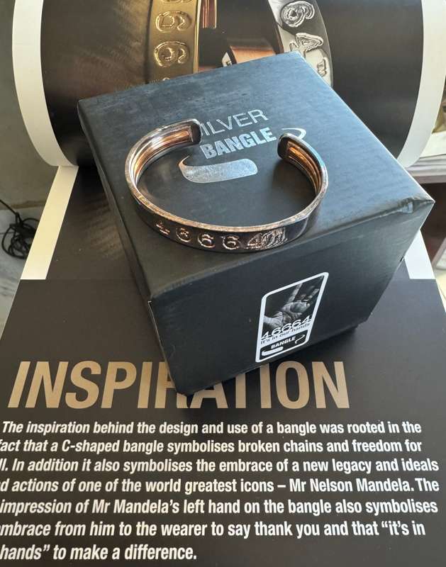 MANDELA 46664 BANGLE - PURE SILVER - 40gr - SIZE SMALL + LIMITED EDITION BOOK & 2/5/2014 SERIAL