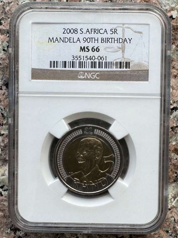 2008 MANDELA 90th BIRTHDAY R5 COIN - MS66 - NGC GRADE