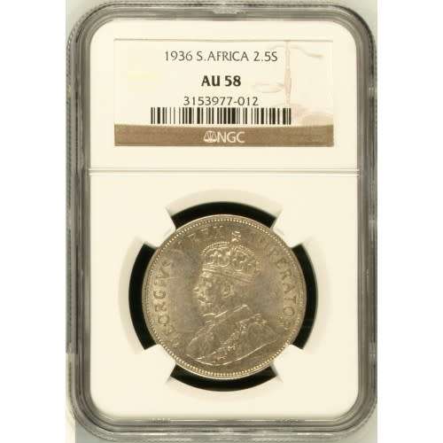 1936 UNION SA 2.5 SHILLING - AU58- NGC GRADE LOW MINTAGE 553,177
