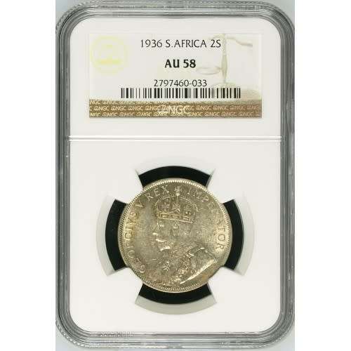 1936 UNION SA 2 SHILLING - AU58- NGC GRADE LOW MINTAGE 669,397