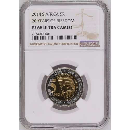 2014 RSA R5 - 20 YEARS OF FREEDOM BI-METAL R5 COIN - PF68UC NGC HIGH GRADE - LOW MINTAGE 613