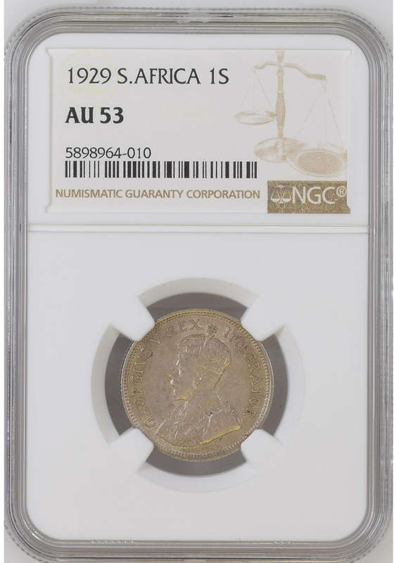 1929 UNION SA 1 SHILLING - AU53 - NGC RARE GRADE - BOOK VALUE 30,500 IN UNC - LOW MINTAGE 925,662