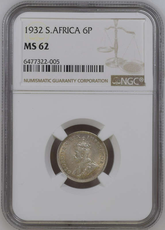 1932 UNION SA 6 PENCE - MS62 - NGC GRADED