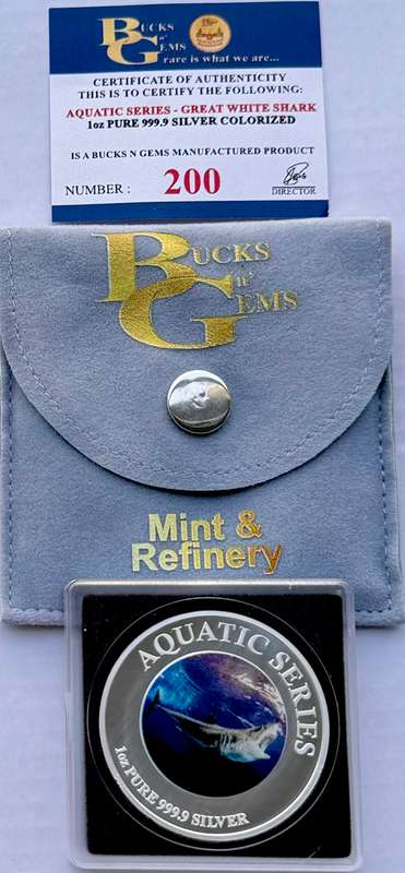 1oz SILVER 999.9 FINE - 2024 AQUATIC SERIES OF SOUTH AFRICA "GREAT WHITE SHARK" CERTIFIED & MINT BAG