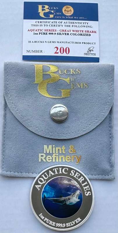 1oz SILVER 999.9 FINE - 2024 AQUATIC SERIES OF SOUTH AFRICA "GREAT WHITE SHARK" CERTIFIED & MINT BAG