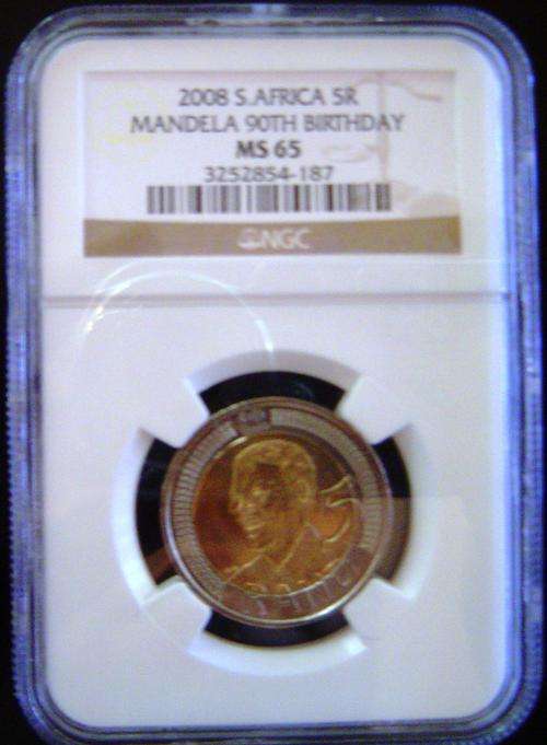 REDUCED!!!GRADED MANDELA R5 BIRTHDAY COIN MS65  very scarce recently!!!!!