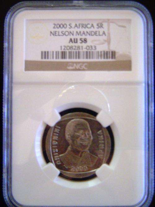 GRADED 2000 MANDELA SMILE R5 COIN AU58 !!!!!!!!!VERY NICE COIN